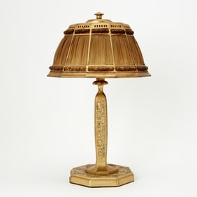 Tiffany Studios Gilt-Bronze "Abalone" Pattern Desk Lamp With Favrile Glass "Linenfold" Shade
