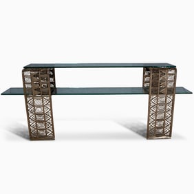 Edgar Brandt Style Iron and Glass Wall Mounted Console