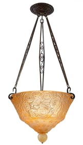 Daum Art Deco Acid-Etched Molded Glass and Iron Chandelier