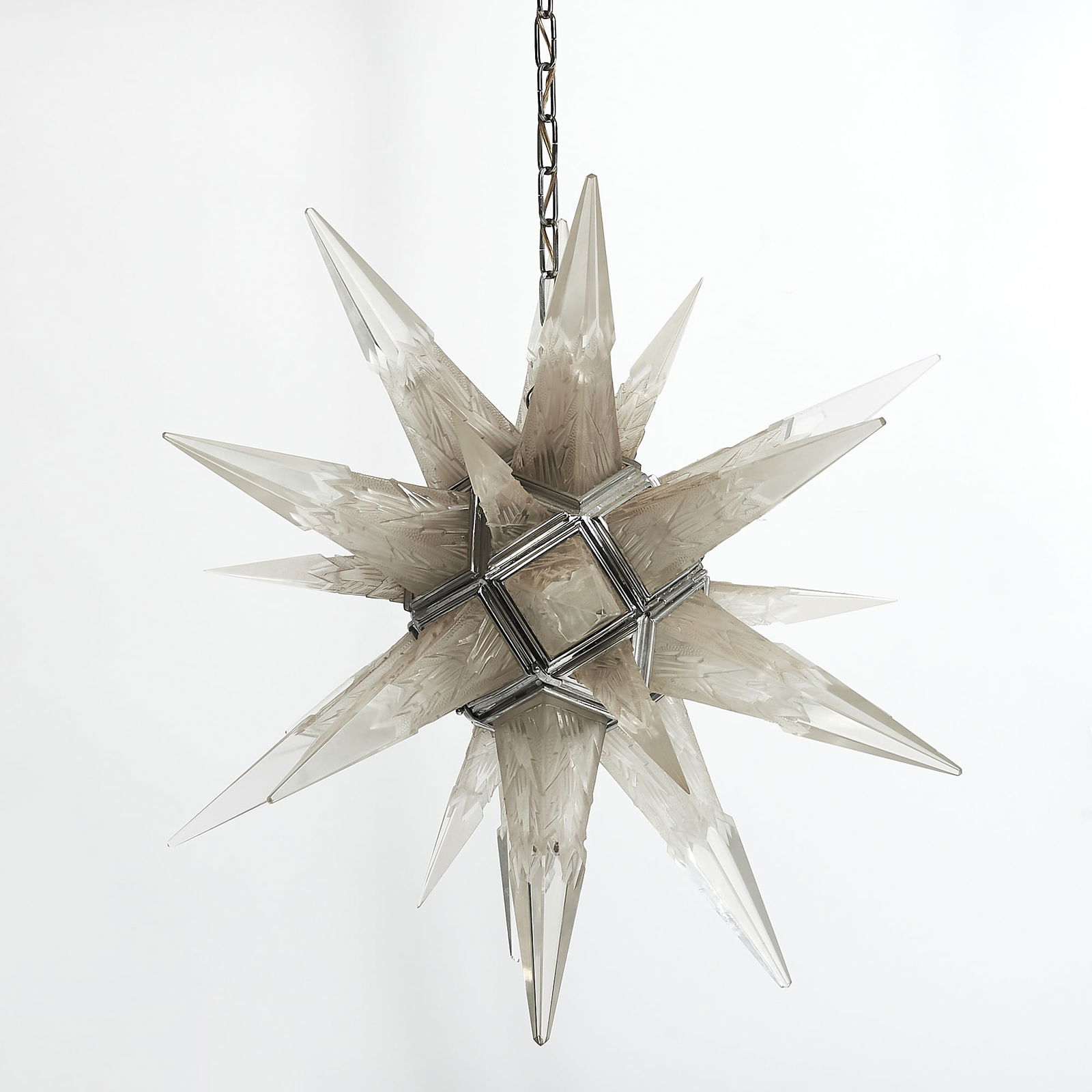 Charles J. Weinstein Co. Art Deco Chrome-Plated Metal and Mold-Blown Glass "Starburst" Chandelier (1 of 5)