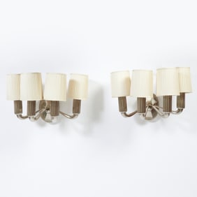Pair of Émile-Jacques Ruhlmann Art Deco Nickel-Plated Metal "Lotus" Four-Light Wall Sconces