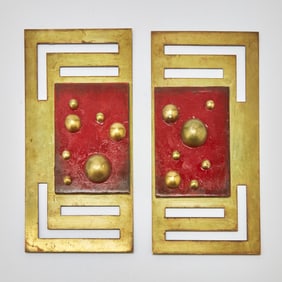 Pair of French Modernist Red Lacquered and Gilt Patinated Copper Door Plates
