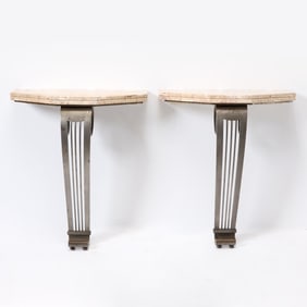 Pair of Art Deco Style Steel and Marble Wall Mounted Consoles