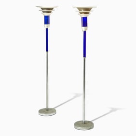 Pair of Art Moderne Nickel and Blue Glass Torchere Floor Lamps