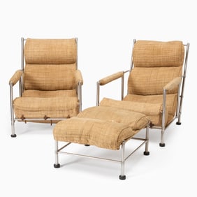 Pair of Warren McArthur Tubular Metal and Upholstered Lounge Chairs and Ottoman