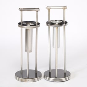 Near Pair Warren McArthur Aluminum, Formica, and Wood Smoke Stands