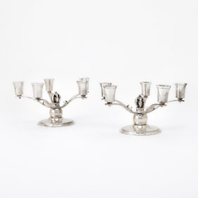 Pair of Danish Sterling Silver Five-Light Candelabra