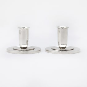 Pair of Georg Jensen Sterling Silver "Pyramid" Pattern Low Candlesticks