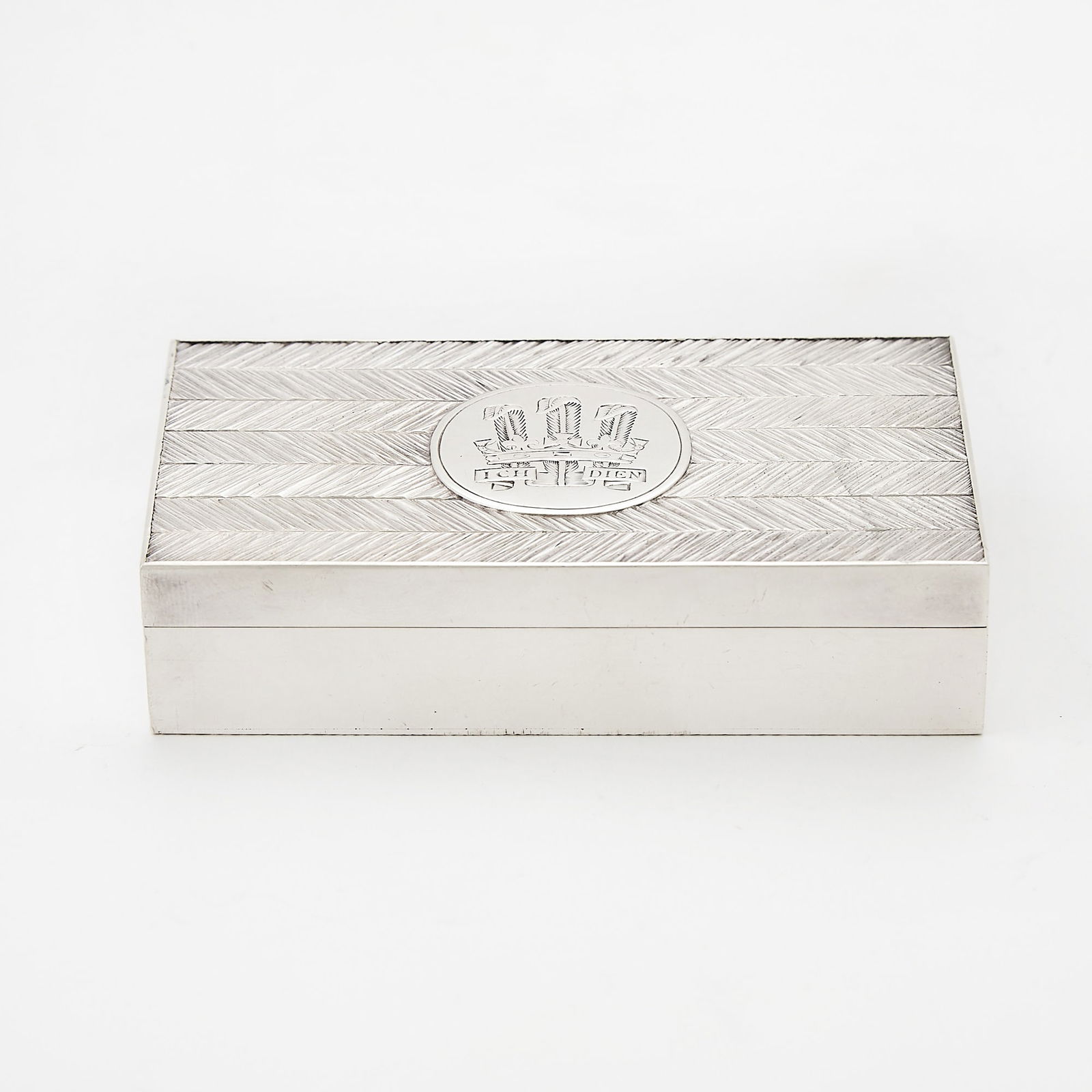 Gerald Benney Sterling Silver Prince of Wales Jewelry Box: Gerald Benney, London, 1979 Length 3 3/4 inches, approximately 5 ounces, all in. By repute presented by Charles, Prince of Wales to consignor in the 1980s.