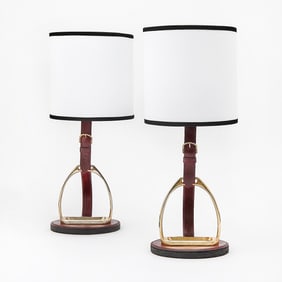 Pair of Longchamp Paris Gilt-Metal and Leather Equestrian Themed Table Lamps