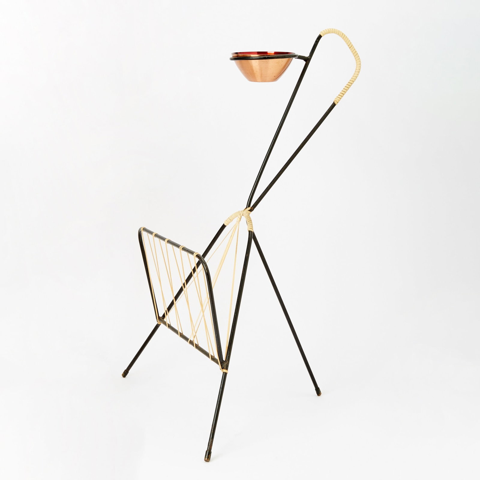 Manner of Mathieu Matégot Black Enameled Tubular Metal and Cane Ashtray and Magazine Stand (1 of 5)