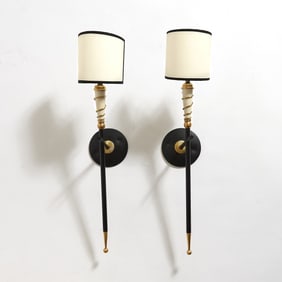 Pair of French Modernist Gilt, Patinated and Enameled Metal Wall Sconces