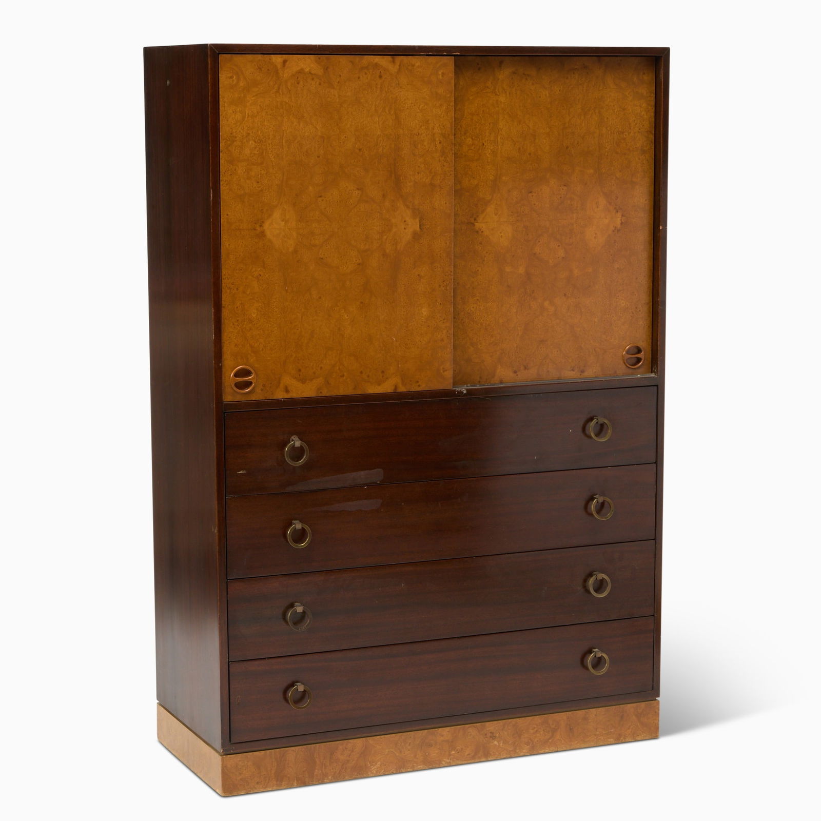 Harvey Probber Mahogany and Burlwood Wardrobe: 1950s The sliding doors opening to pull out shelves, above four long drawers. Height 62 1/2 inches, width 42 1/2 inches, depth 18 inches.