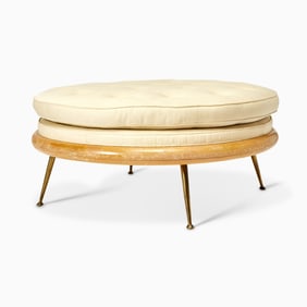 T.H. Robsjohn-Gibbings for Widdicomb Upholstered Walnut "Model 1745" Pouf Ottoman