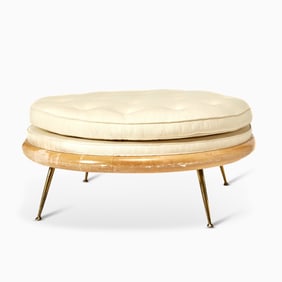 T.H. Robsjohn-Gibbings for Widdicomb Upholstered Walnut "Model 1745" Pouf Ottoman