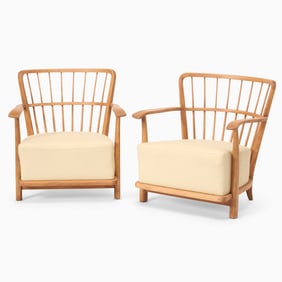 Pair of Fritz Hansen Upholstered Beechwood Armchairs