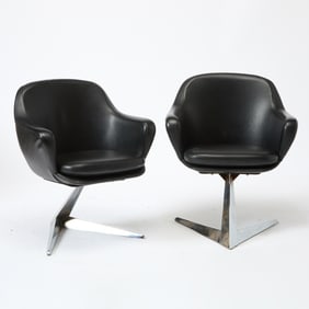 Pair of Attributed to Jacques Adnet Chromed Metal and Upholstered Armchairs