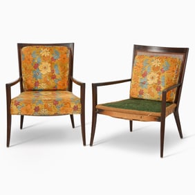 Pair of Harvey Probber Caned and Upholstered Dark Stained Wood Lounge Chairs