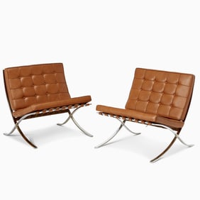 Pair of Mies Van der Rohe Chromed Metal and Leather Upholstered “Barcelona” Lounge