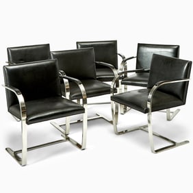 Set of Six Chromed Metal and Upholstered “Brno” Style Side Chairs