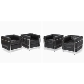 Set of Four Le Corbusier for Cassina Steel and Leather Upholstered “LC2” Armchairs
