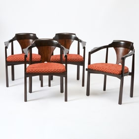Set of Four Edward Wormley for Dunbar Upholstered Stained Wood "Model 935" Armchairs