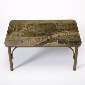 Philip and Kelvin Laverne Patinated and Enameled Brass and Pewter "Spring Festival" Coffee Table