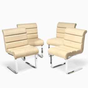 Set of Four Pace Collection Stainless Steel and Leather Upholstered Side Chairs