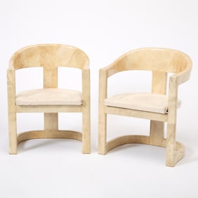 Pair of Karl Springer Lacquered Goatskin and Upholstered "Onassis" Armchairs