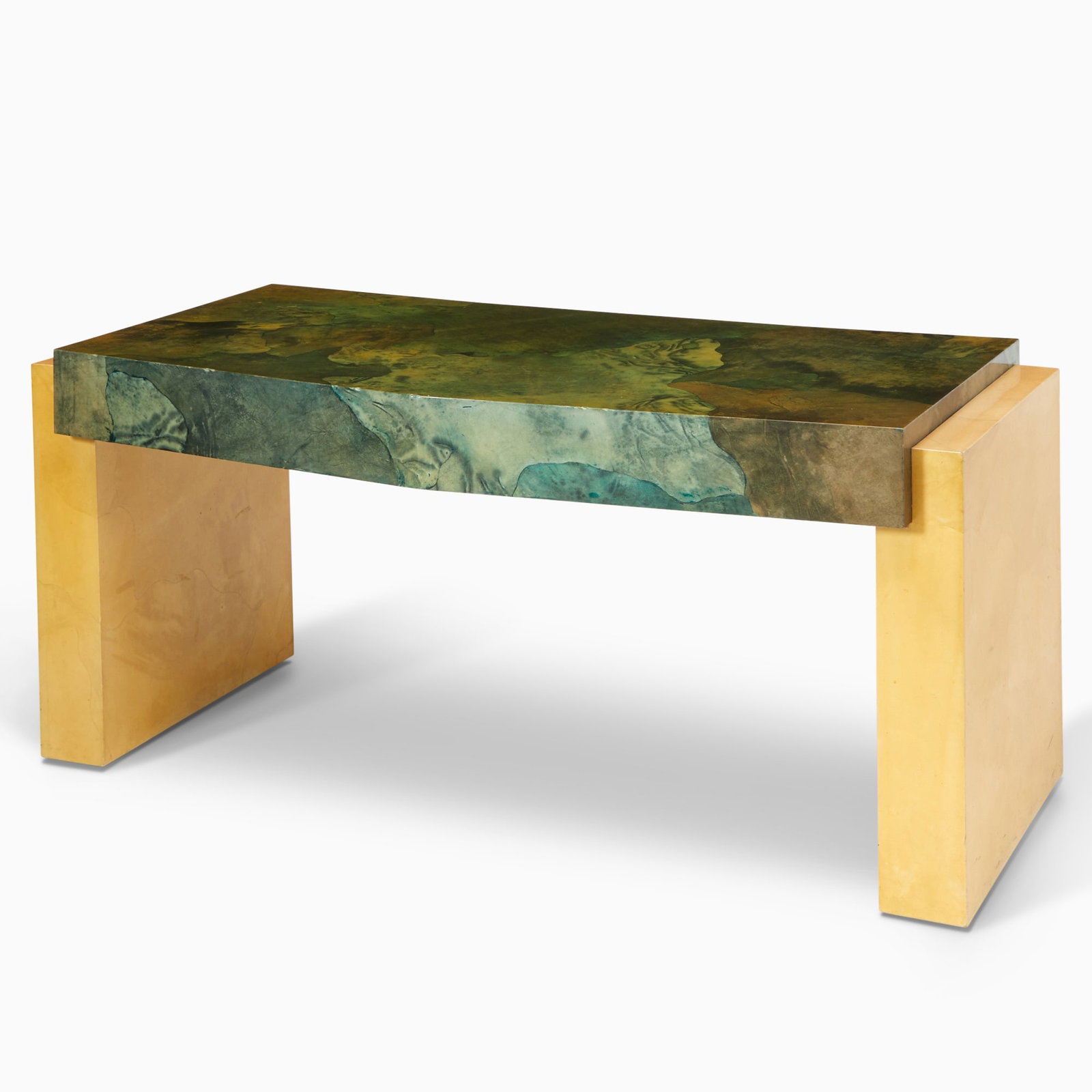 Karl Springer Lacquered Goat Skin Desk: 1980s Height 30 1/4 inches, width 66 inches, depth 30 inches.