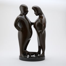 Patinated Bronze Group of a Couple and Dachshund