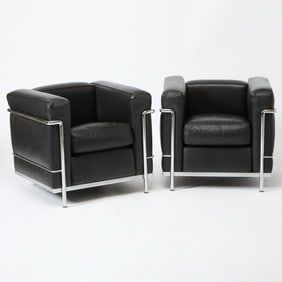 Pair of Le Corbusier for Cassina Chromed Metal and Leather Upholstered "LC2" Armchairs