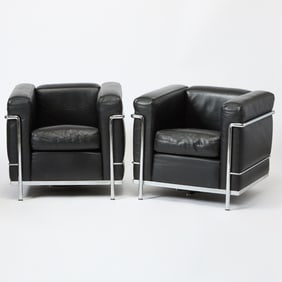 Pair of Le Corbusier for Cassina Chromed Metal and Upholstered "LC2" Armchairs