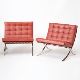 Pair of Mies van der Rohe Chromed Metal and Leather Upholstered "Barcelona" Lounge Chairs