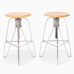 Pair of Jeff Covey for Herman Miller Chromed Steel and Maple Plywood “Model 6” Stools