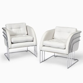 Pair of George Mergneov Chromed Metal and Upholstered Lounge Chairs