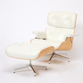 Charles and Ray Eames White Leather Upholstered Lounge Chair and Ottoman