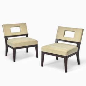 Pair of Christian Liaigre for Holly Hunt Upholstered Walnut Stained Slipper Chairs