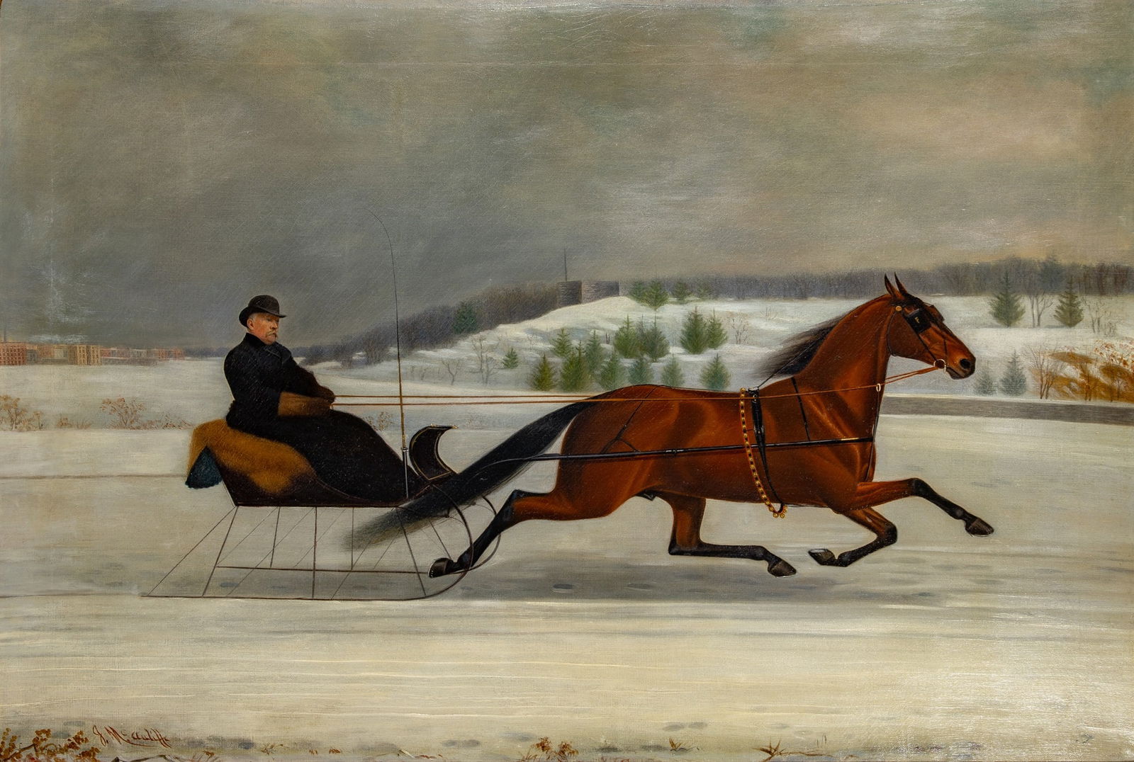 James J. McAuliffe: American, 1848-1921Man in Horse-Drawn SleighSigned J. McAuliffe (ll)Oil on canvas24 x 36 inches (61 x 91.4 cm)Frame 28 1/2 x 39 5/8 inches (72.4 x 100.5 cm) Wax relined. Restoration
