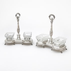 Pair of French Empire Silver and Cut Glass Double Salt Cellars