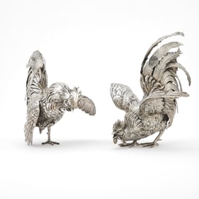 Pair of Continental Silver Figures of Fighting Cocks