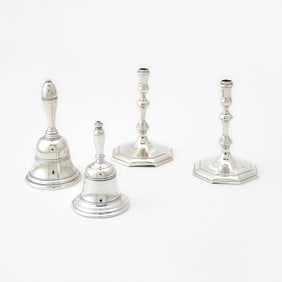 Pair of English Sterling Silver Tapersticks and Two Tiffany & Co. Sterling Silver Table Bells
