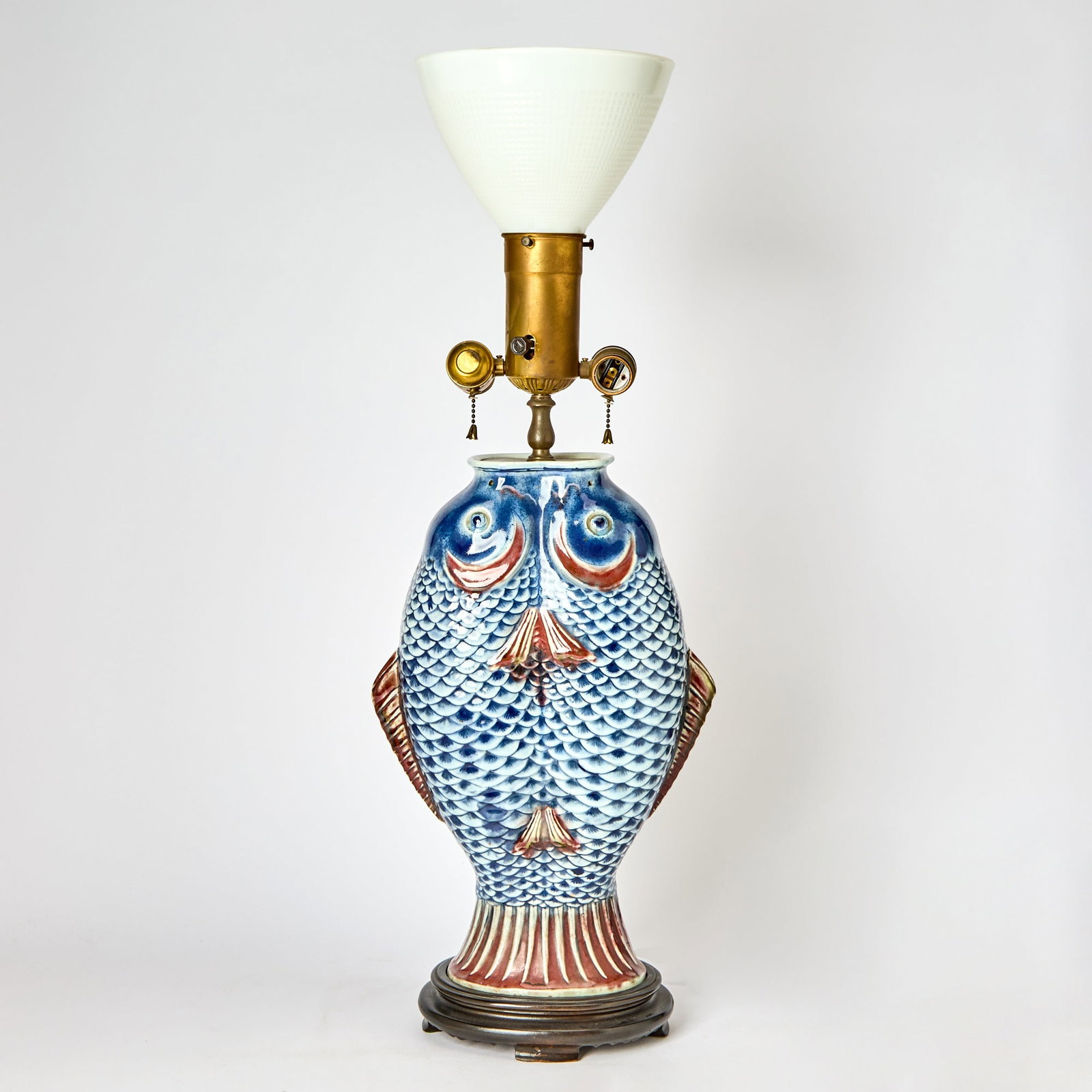 Chinese Glazed Porcelain ‘Twin Fishes’ Vase: 19th/20th Century Mounted as a lamp. Height 16 1/2 inches, width 11 inches. Generally good condition overall; mouth rim with small shallow chip loss