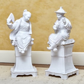 Pair of Italian Faience Chinoiserie Pedestal Sculptures