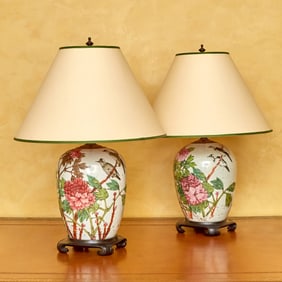 Pair of Chinese Enameled Porcelain Jars, Mounted as Lamps
