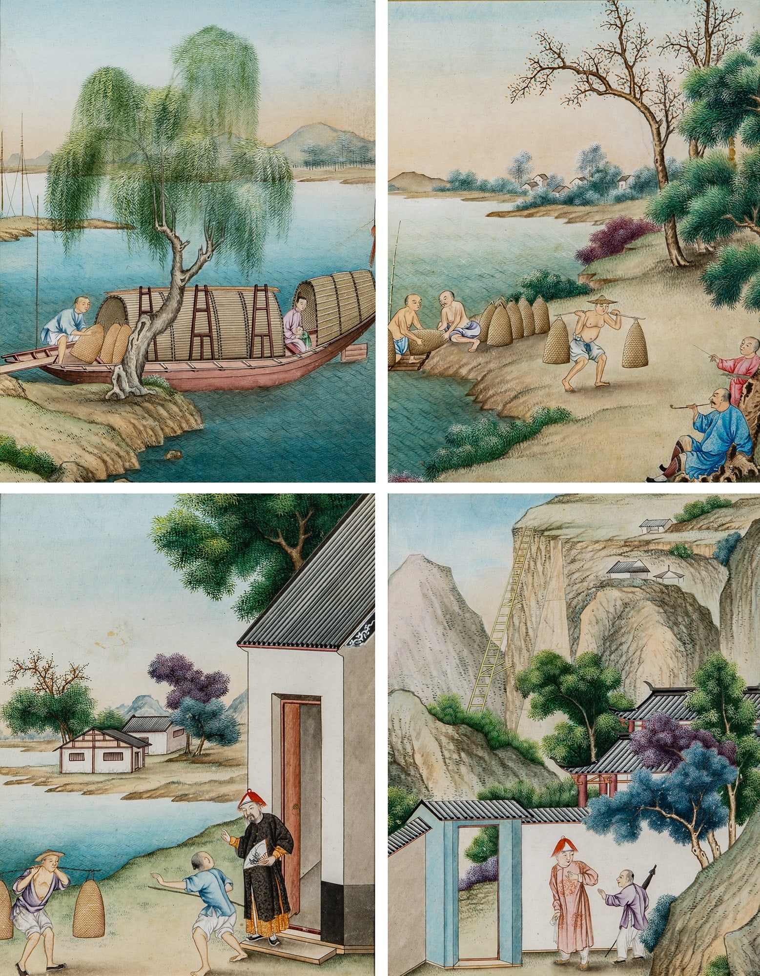 Four China Trade Paintings: 19th Century Ink and gouache on paper, each depicting figures engaged in daily activities in a village setting; matted and framed. Each sight approximately 10 1/2 x 8 1/4 inches