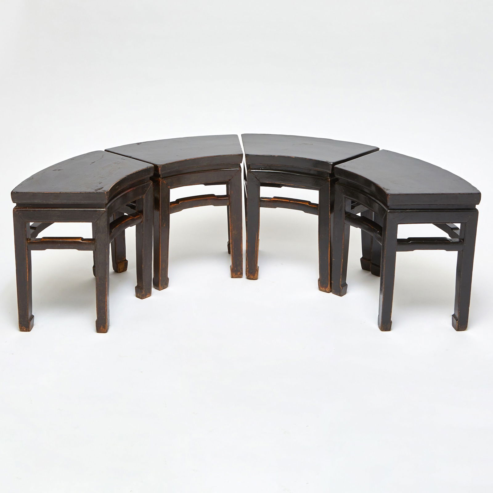 Set of Four Chinese Black Lacquered Softwood Stools: 20th Century Height 20 inches, width 21 1/2 inches, depth 14 inches. heavily distressed finish