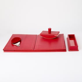 Smythson Gilt-Tooled Red Leather Desk Accessories