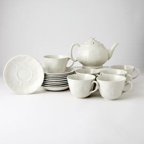 Burgess & Leigh "Strawberry and Grape Leaf (Davenport) White Embossed Porcelain Partial Tea Service