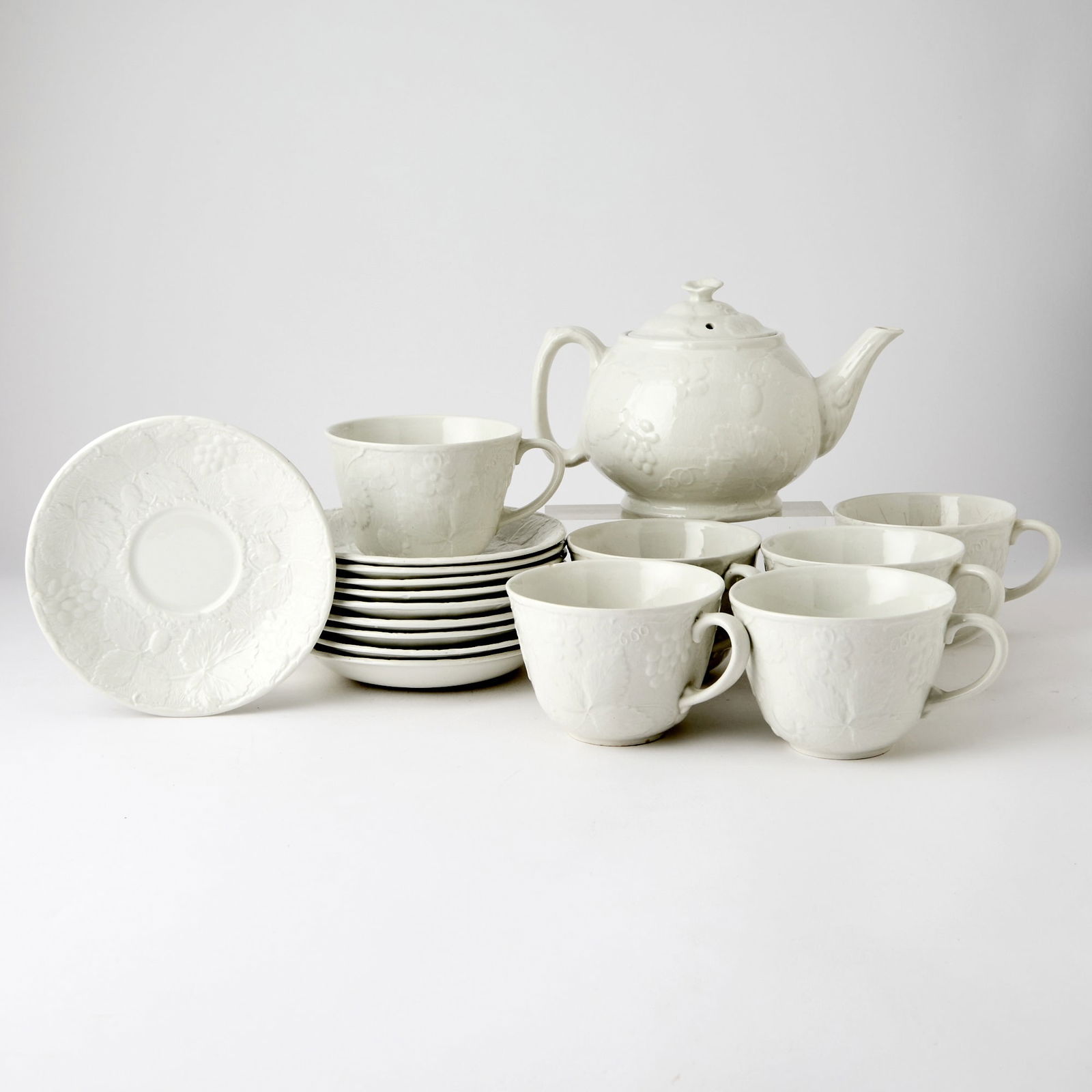 Burgess & Leigh "Strawberry and Grape Leaf (Davenport) White Embossed Porcelain Partial Tea Service (1 of 4)